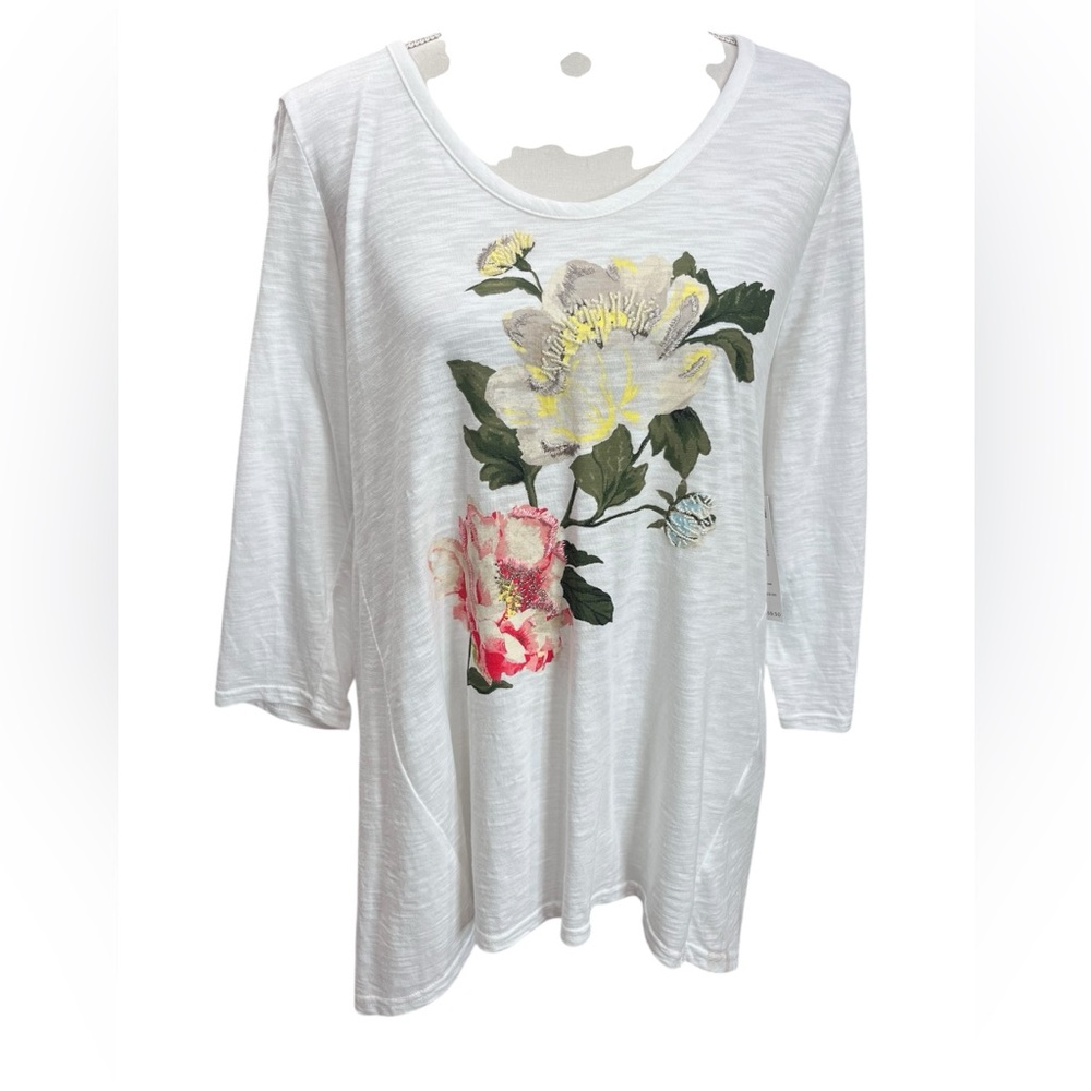 Chico’s Beaded Floral Appliqué Top Size M White Cotton Modal 3/4 Sleeve Boho Tee - Picture 2 of 10